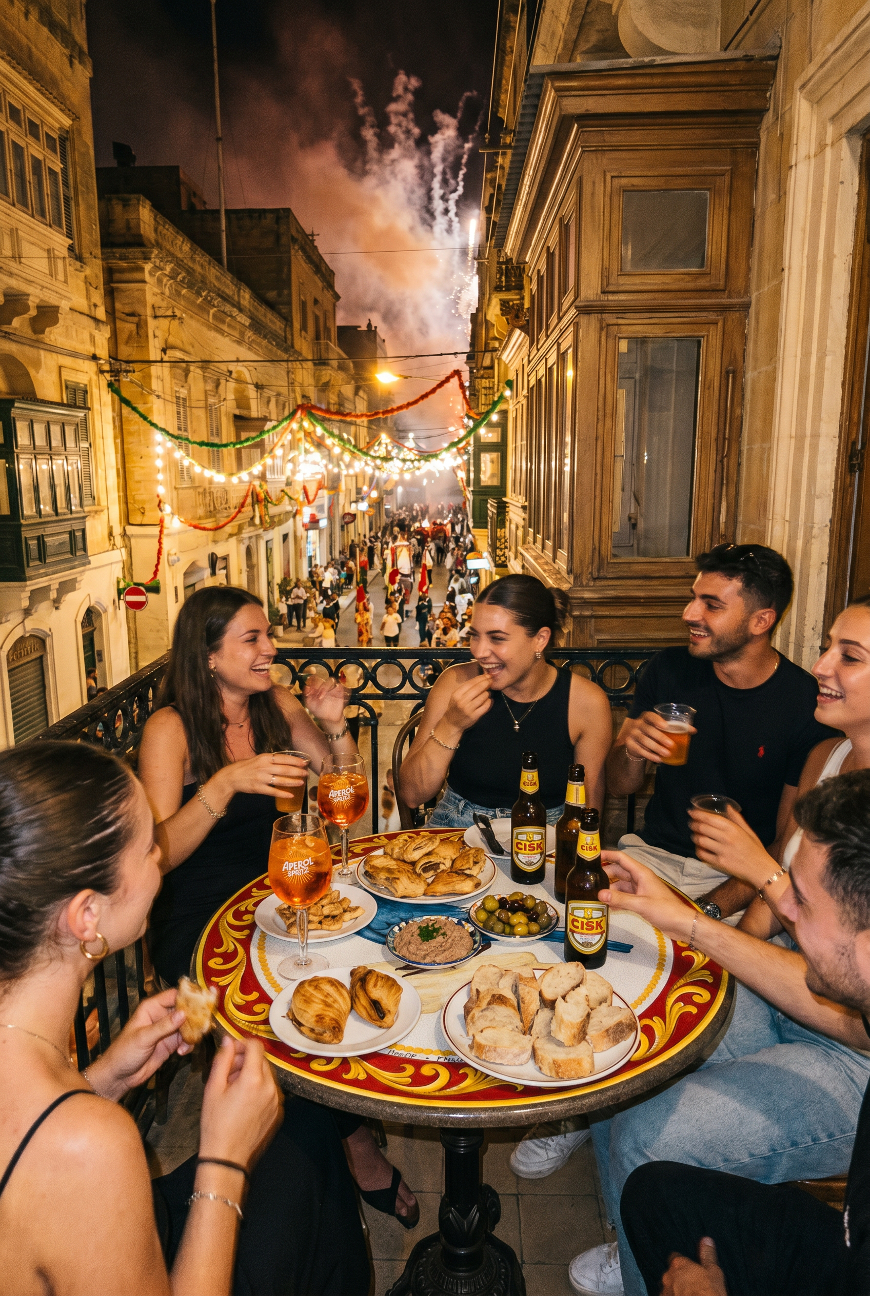 Family gathering around Munita tables in a Maltese courtyard