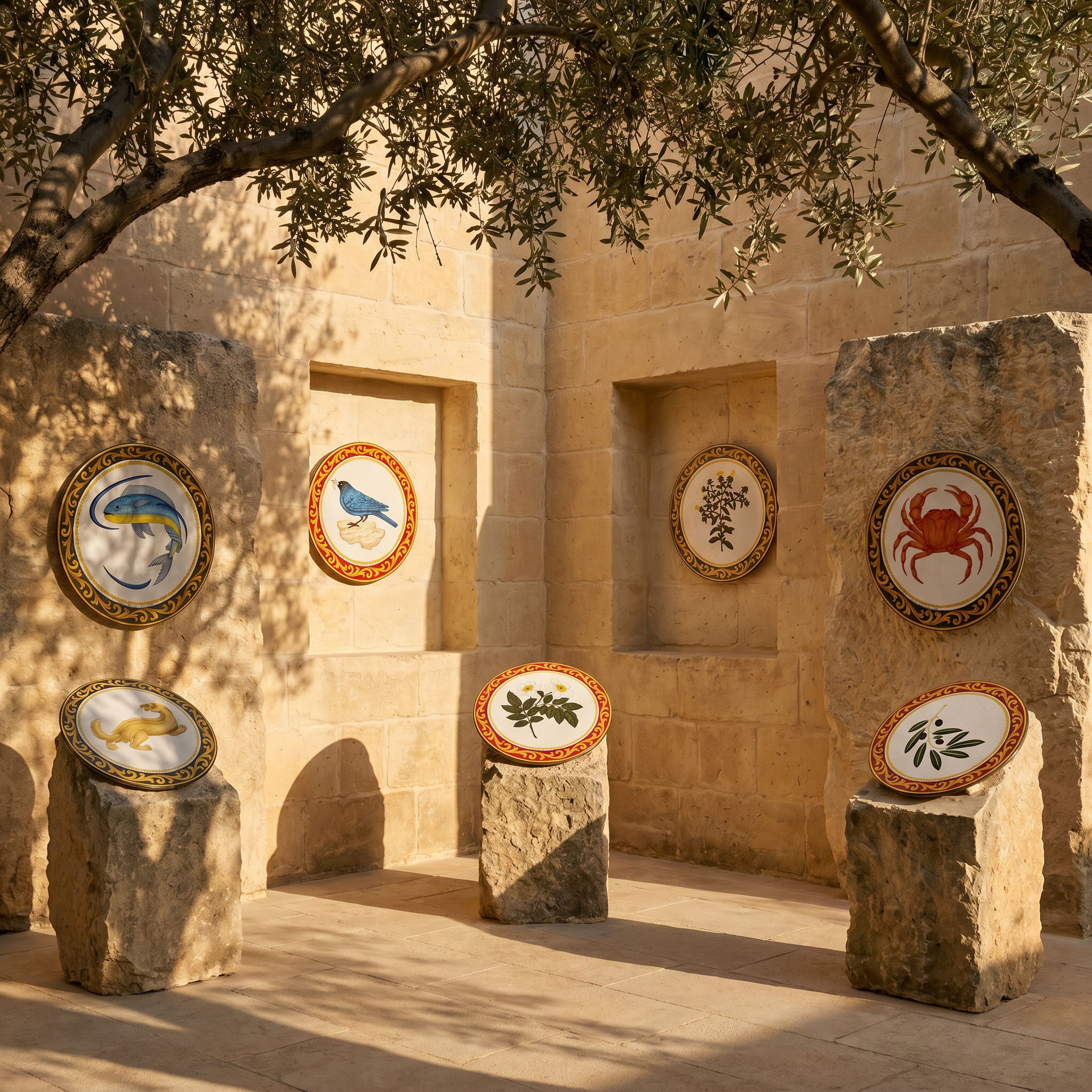 Munita symbols shown on limestone plinths under olive branches