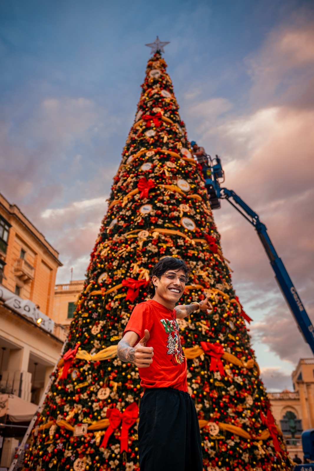 The National Christmas Tree 2025 in Valletta with the Munita symbols during installation