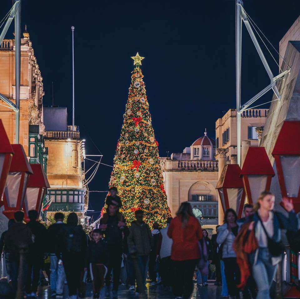 Malta National Christmas Tree 2025 illuminated at night in Valletta